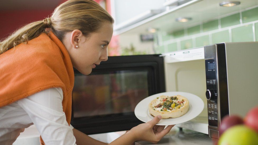 Woman putting food in microwave